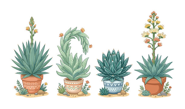 Set of illustrated succulent plants and agave in patterned ceramic pots.