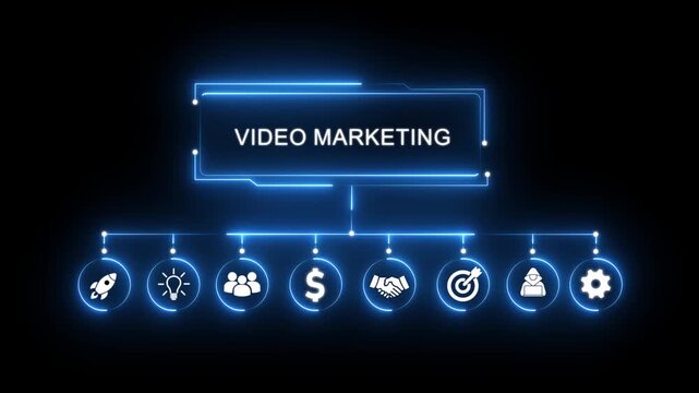 Video Marketing Business Concept Flowchart with Icons and Neon Blue Glow Keywords: video marketing, business, concept, flowchart, icons, neon, blue, glow, strategy, promotion, advertising