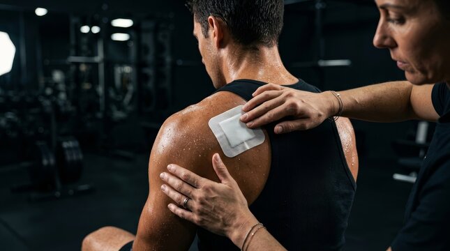 Athlete receiving a medicated patch on their sweaty shoulder from a trainer in a gym setting