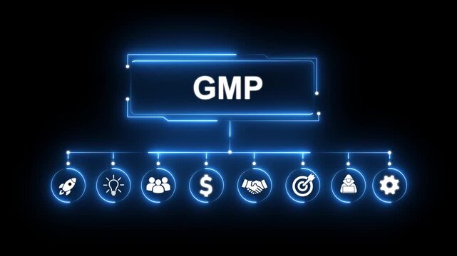 GMP Business Concept with Icons and Neon Blue Glow on Black Background manufacturing standards