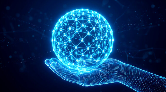 Hand Holding Glowing Sphere Network 3D wireframe digital user connection grid for global network, social media, and communication technology concept