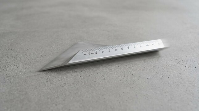 Precision triangular metal ruler with centimeter and millimeter markings sliding across a gray textured concrete surface with motion blur effect, studio close-up professional shot.