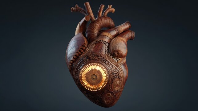 Ornate wooden heart, steampunk design, intricate carvings