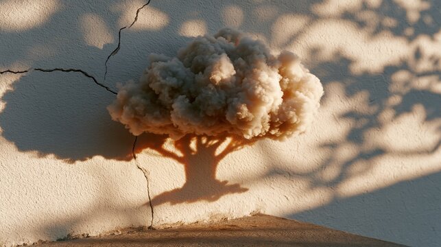 International Day against Nuclear Tests: Dramatic mushroom cloud-shaped shadow on a cracked white wall, cast by unseen objects in warm late-afternoon sunlight.