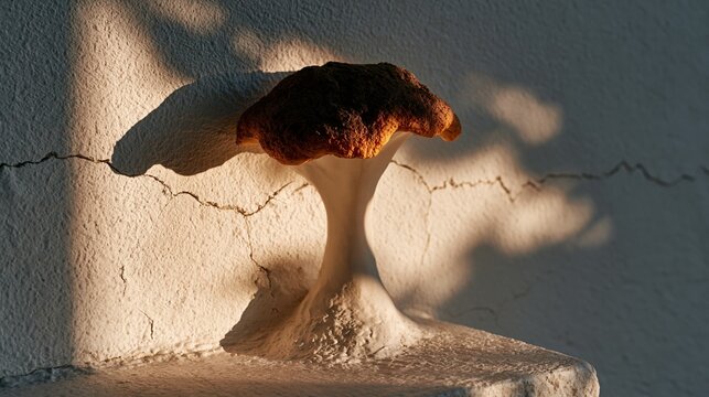 International Day against Nuclear Tests: Dramatic mushroom cloud-shaped shadow on a cracked white wall, cast by unseen objects in warm late-afternoon sunlight.