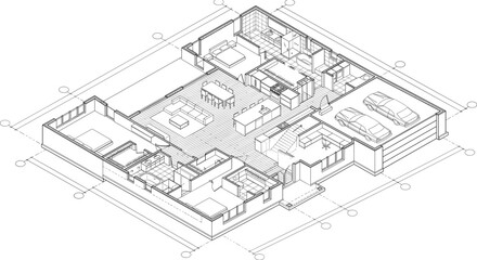 Fototapeta premium Modern Residential House Floor Plan CAD Drawing with Isometric Architectural Blueprint Design