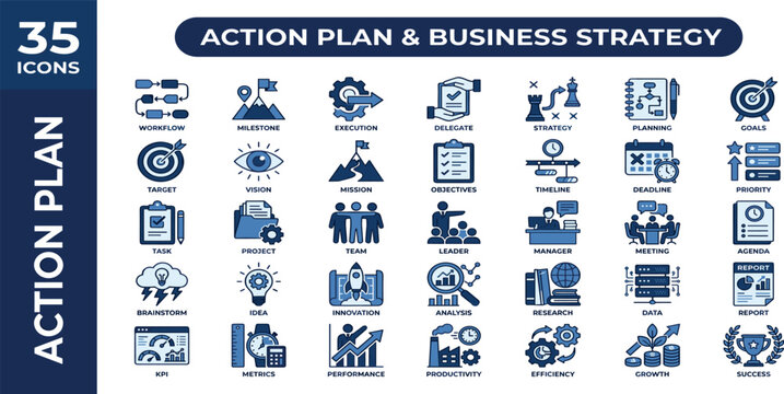 Action plan and business strategy solid icon set. Includes symbols for Workflow, Milestone, Execution, and Delegate. Solid vector icons for project management and corporate sprint.