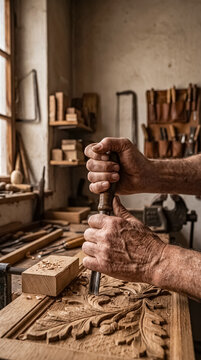 A detailed vertical generative AI illustration showing close up hands of senior artisan woodcarver carving intricate floral bas-relief pattern on oak wood panel using sharp gouge chisel in traditional