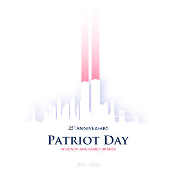 25th anniversary tribute honoring resilience and remembrance, featuring iconic Twin Towers silhouette illuminated by soft red and blue beams, symbolizing hope