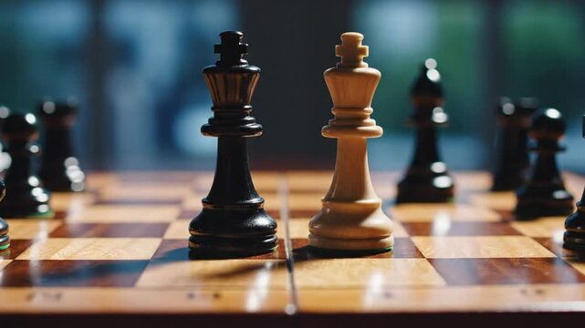 Chess game with kings facing each other on a wooden board ready for strategic competition