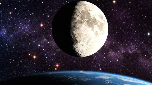 The moon illuminated in space with a view of the Earth against a stunning backdrop of stars and the galaxy