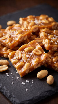 A high-angle close-up of delicious crunchy homemade sweet peanut brittle candy pieces, sprinkled with white sea salt crystals on a dark slate board with loose roasted peanuts around.