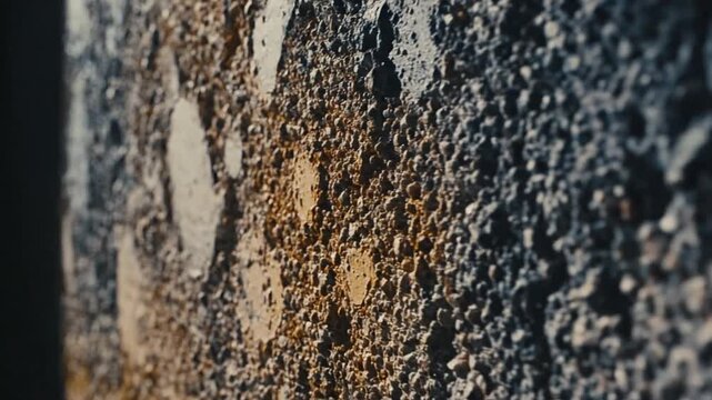 Close-up shot of weathered concrete wall shows texture and color variations with dramatic light and shadows