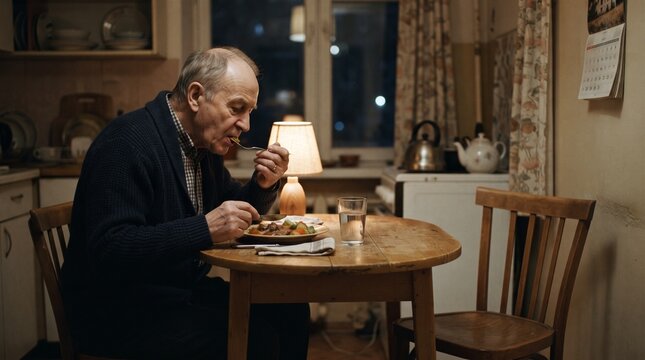 Elderly man enjoying a quiet meal at home in the kitchen.