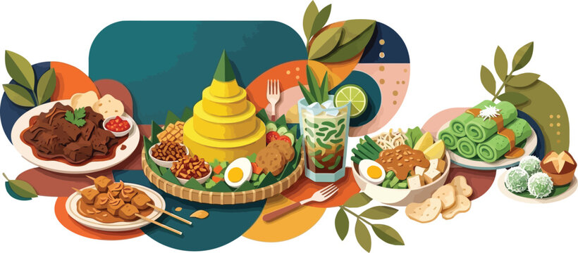 Traditional Indonesian tumpeng and culinary dishes vector