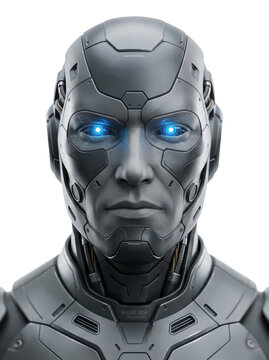 Front view of futuristic cybernetic humanoid robot head with glowing blue eyes