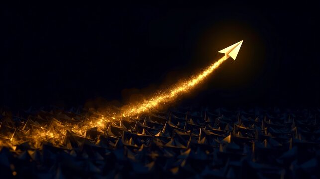 Golden paper airplane soars through dark sky