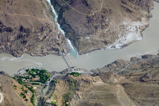 Aerial view of the indus river and a bridge on the river