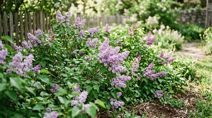 Obraz premium Purple lilac flowers blooming in lush green garden on sunny spring day