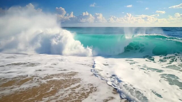 Powerful ocean wave crashes onto a sandy shore with white foam