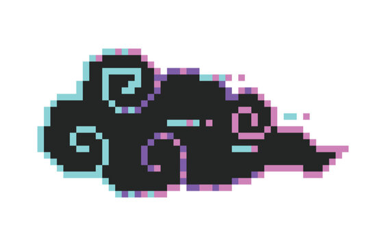 Black pixel cloud retro digital 8-bit graphic element. Pixelart video game illustration in japanese motif style.