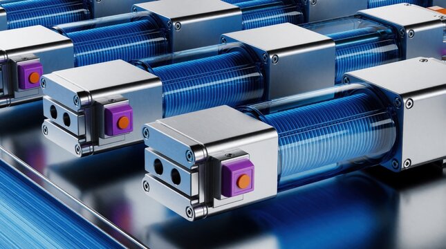 Industrial pneumatic linear actuators with blue transparent cylinders, metal housing arranged on surface. Modern automation equipment for mechanical motion control systems. Advanced robotic hydraulic