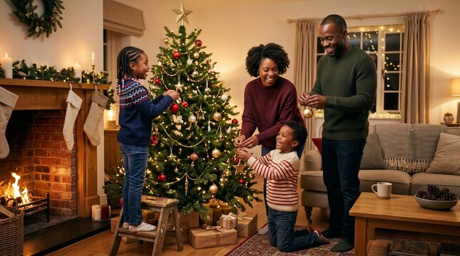 Happy diverse family decorating Christmas tree together in cozy living room with fireplace.