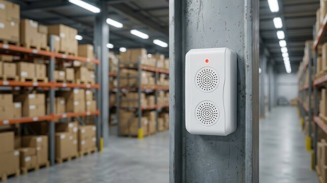 Pest control device mounted on a metal pillar within a commercial logistics storage facility.