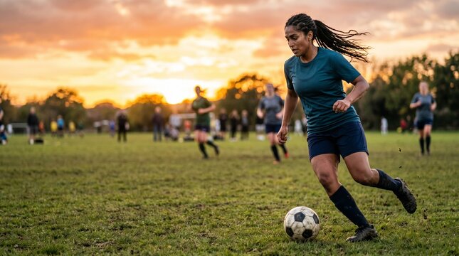 Woman dribbling soccer ball during practice match with teammates on grass field at sunset.
