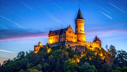 Fototapeta premium A majestic castle illuminated at dusk with star trails streaking across the twilight sky.