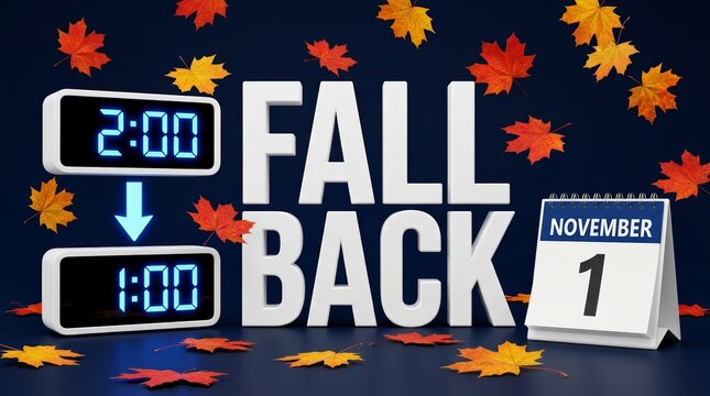 A seasonal poster for USA winter time change 2026 with Fall Back text, autumn leaves, and November 1 calendar.