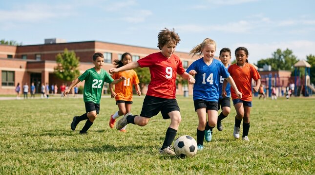 Diverse elementary students playing energetic soccer game on grassy school field.