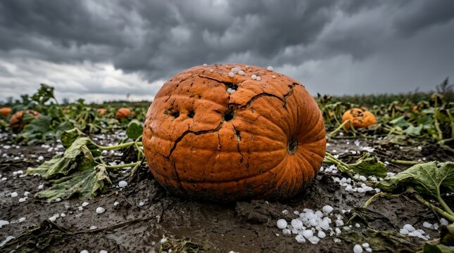 A large orange pumpkin with hail damage in a field under dark stormy clouds.