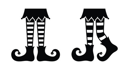 Naklejka premium Elf legs with striped stockings and curled shoes black silhouette on white background