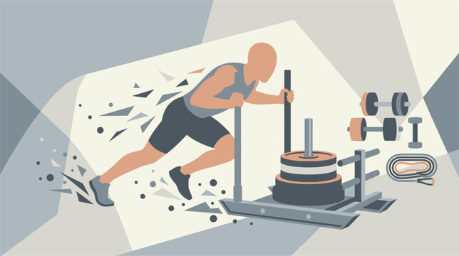 Vector illustration of an athlete performing a weighted sled push exercise on indoor artificial turf, featuring a heavy metal sled loaded with circular weight plates for strength training.