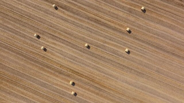 Aerial view of hay bales scattered across a harvested agricultural field in Germany.