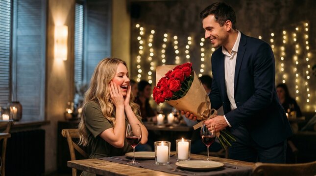 Man surprises woman with red roses at candlelit restaurant dinner date.
