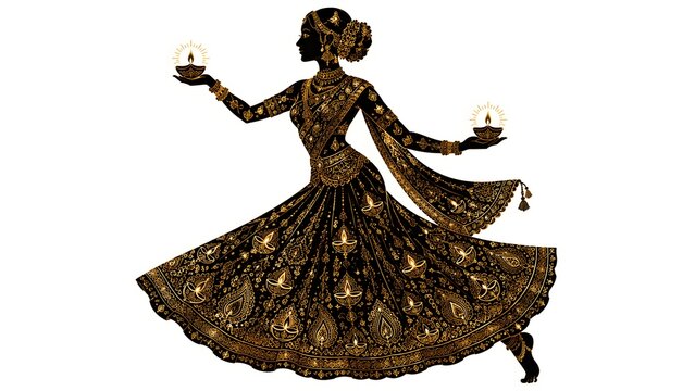 Indian Classical Female Dancer Holding Diya - Bharatanatyam Ornamental Festival Vector Clipart
