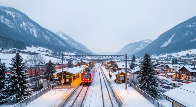 Winter Train Station in Alpine Village Amidst Snowy Mountains