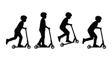 Naklejka premium Silhouette of a child riding a scooter in four different poses white background