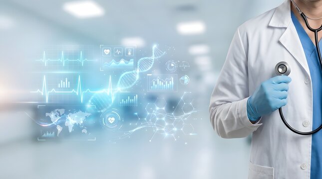 Doctor holding stethoscope with medical technology interface and digital health data background