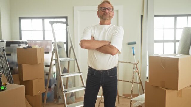 Man with arms crossed, standing among packed cardboard boxes and a ladder inside a building renovation room; confidence preparation.