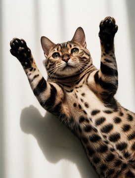 Playful Bengal cat stretches its paws up against a white wall with soft shadows. Domestic pet looks curious with its unique spotted fur pattern. Adorable feline enjoys playtime at home.
