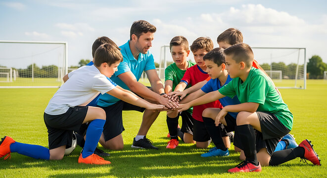 Young boys soccer team doing huddle with coach on green field