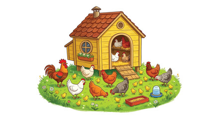 Chicken coop with assorted poultry and floral ground cover a colorful vector illustration henhouse house farm building © Sagor