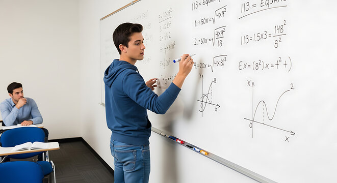 Young male student writing complex math equations on whiteboard in classroom