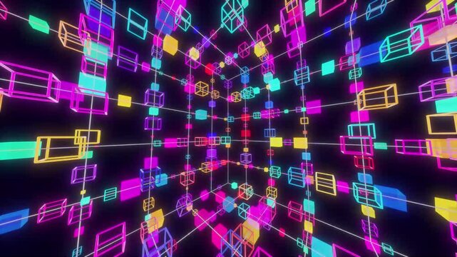 Looping 3D animated abstract process of neon cubes moving.