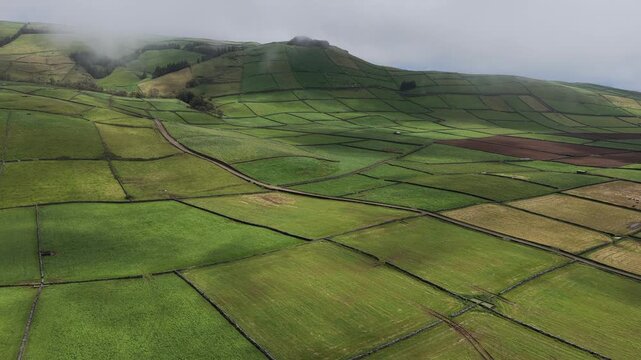 Aerial view of the lush green patchwork fields of Terceira Island, defined by traditional stone walls and rolling hills under a cloudy sky in Terceira, Azores, Portugal.