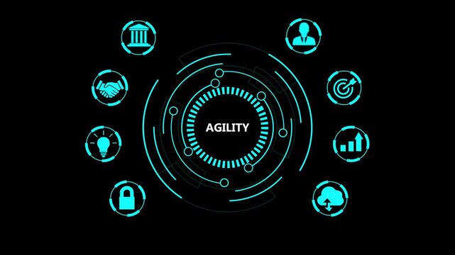 Business agility concept with digital hud interface and corporate strategy animated technology background, for presentations and, data analytics
