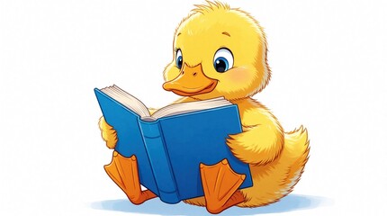 Small fluffy yellow duckling sits, holds open blue book. Happy baby bird reads story book with focus, curiosity. Cute animal character enjoys literature in educational setting. Artistic digital © Maryna